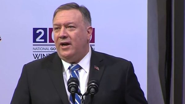 U.S. Secretary of State Mike Pompeo speaking at the Governors' Winter Meeting on February 8, 2020. (Screenshot via U.S. Department of State website)