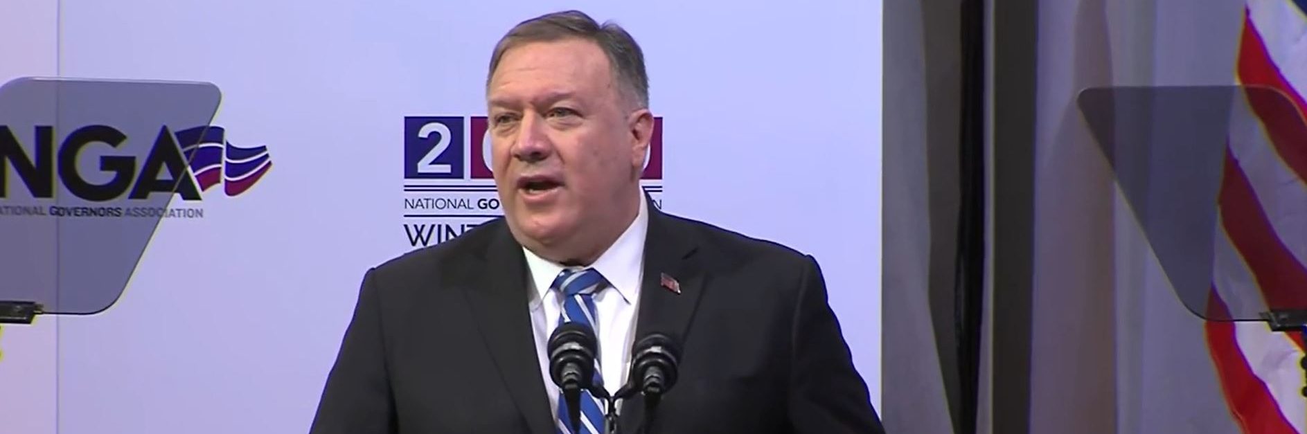 El secretario de Estado de EE. UU. Mike Pompeo durante su intervención en la Reunión de Invierno de Gobernadores el 8 de febrero de 2020. (Captura de pantalla via web Departamento de Estado de EE. UU.)